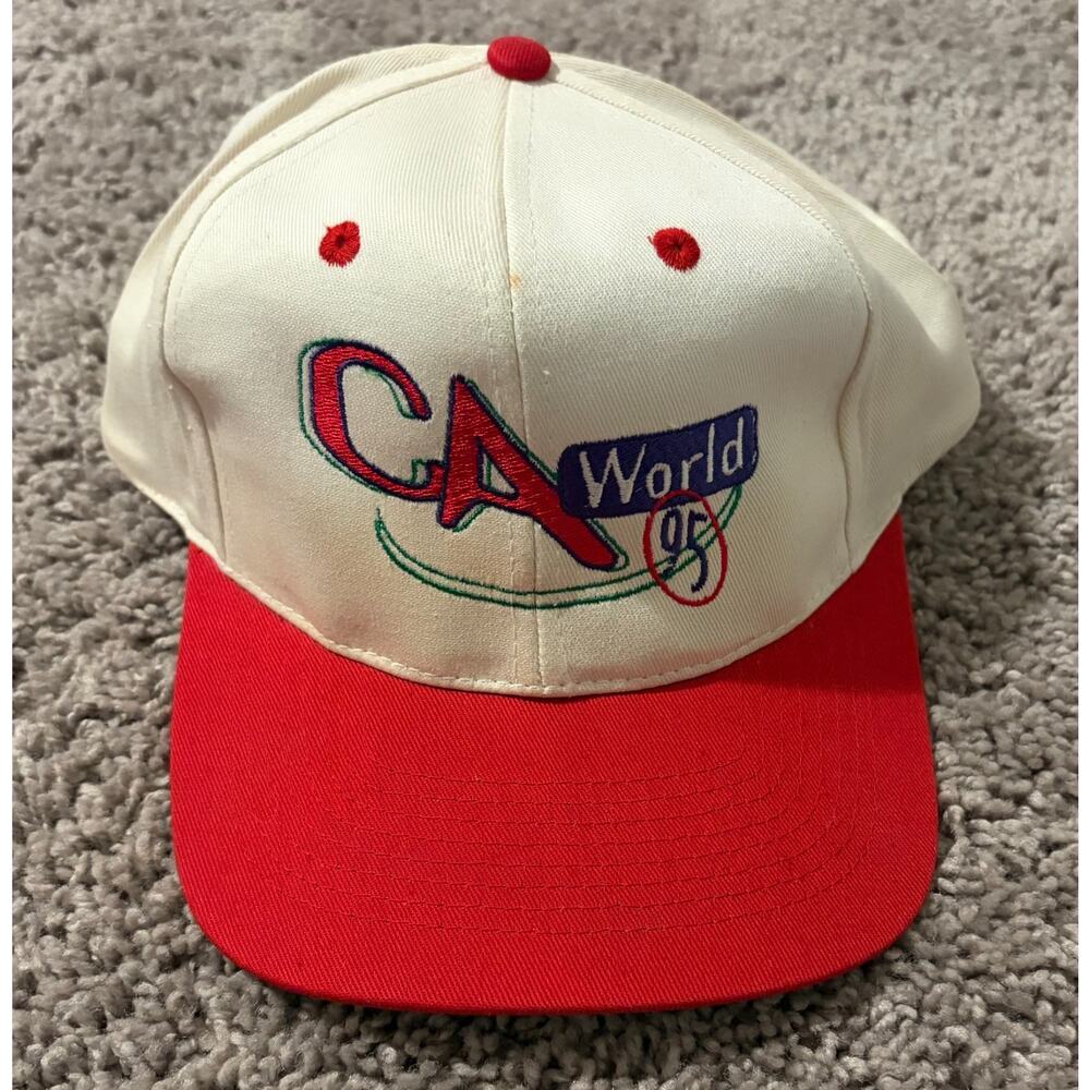 Vintage CA World 95 KC Hat Cream Red Embroidered Snapback Sports Cap - One Size